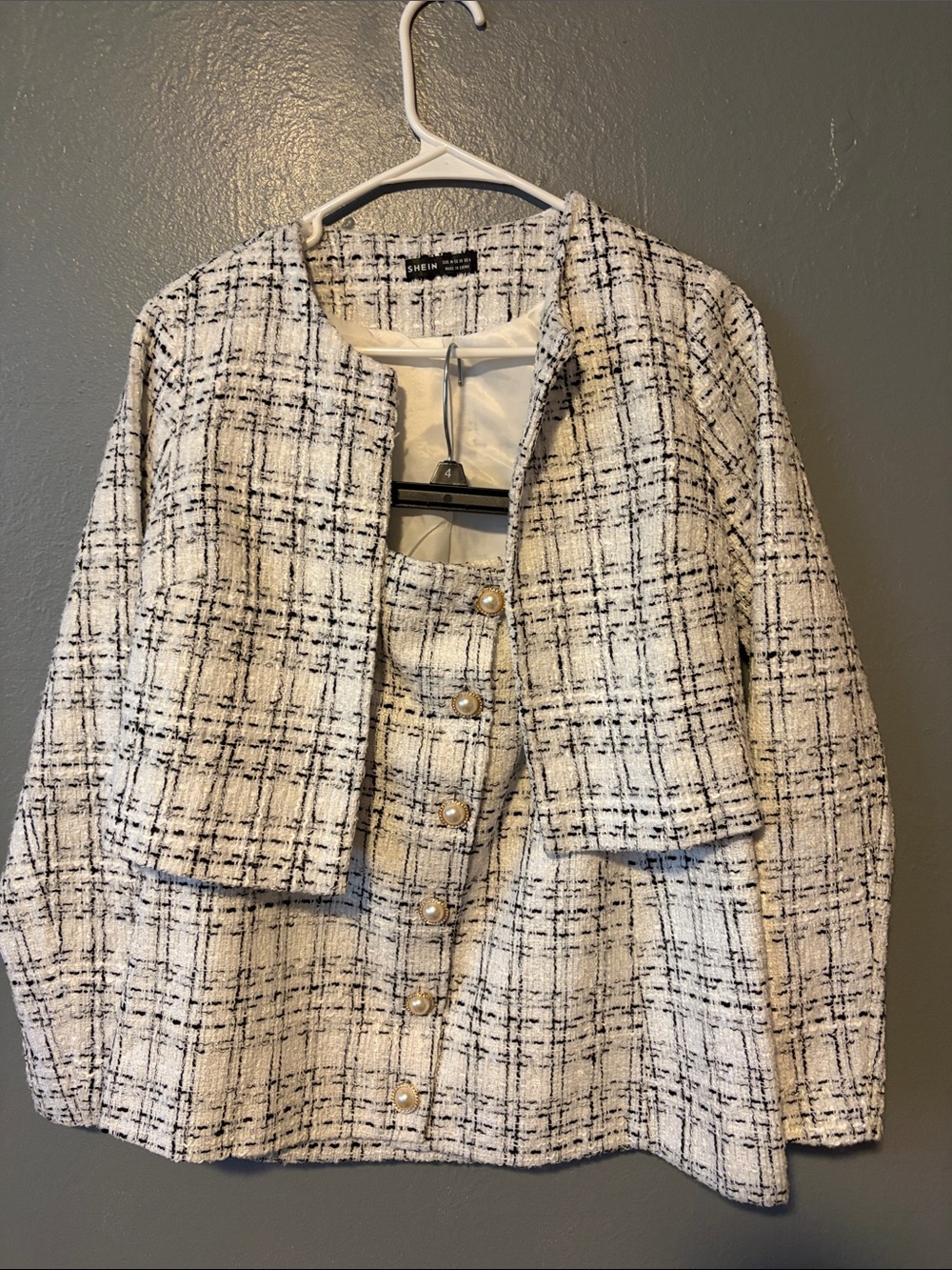 SHEIN Cream and Black Tweed Jacket and Skirt Set with Pearl Buttons